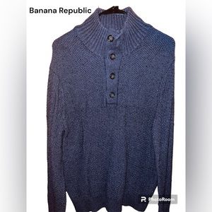 Banana Republic Sweater Men Size Medium BLue/Gray 1/4 Snap Button Pullover